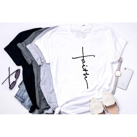 Vertical Cursive Faith T-Shirt | Cross-Shaped Inspirational Design