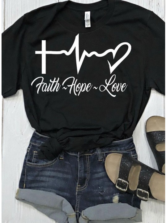 "Biblical Faith, Hope, Love T-Shirt | Inspirational Cross, Heart, and ECG Design"
